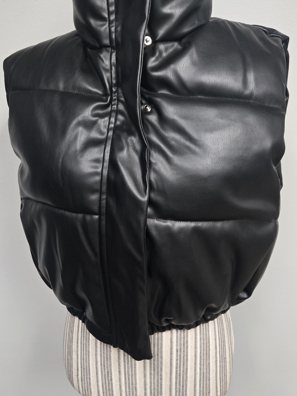 NWOT Women’s Black Faux Leather Puffer Vest with High Collar